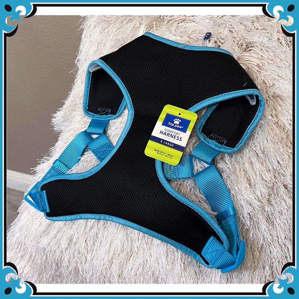 XL Top Paw Mesh Comfort Dog Harness Neon Blue Accents Black Vest Back Buckle NEW